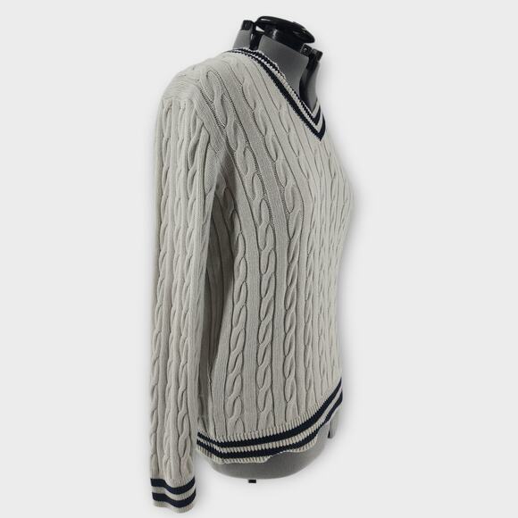 Old Navy Cable Knit Sweater Men's M Tall White Navy Striped V-Neck Preppy Tennis - Picture 3 of 6